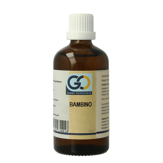 GO Bambino bio kruidenpreparaten bottle, 100ml, natural herbal supplement for children with organic ingredients.