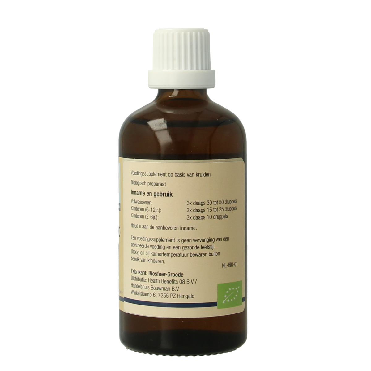 GO Bambino bio kruidenpreparaten, 100 ml bottle, natural herbal supplement for children, with a clear view of the product label.