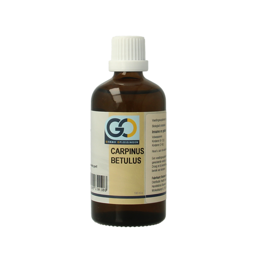 Container of GO Carpinus betulus bio herbal preparation in a 100ml bottle, shown with the label and product packaging.