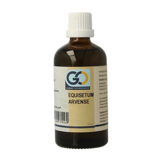 Bottle of GO Equisetum arvense bio herbal preparation, 100ml, with green and white label and herbal imagery.