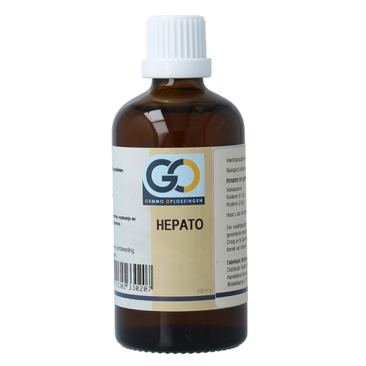 Bottle of GO Hepato bio herbal supplement, 100ml, in a clear container with a label showing product details and branding.