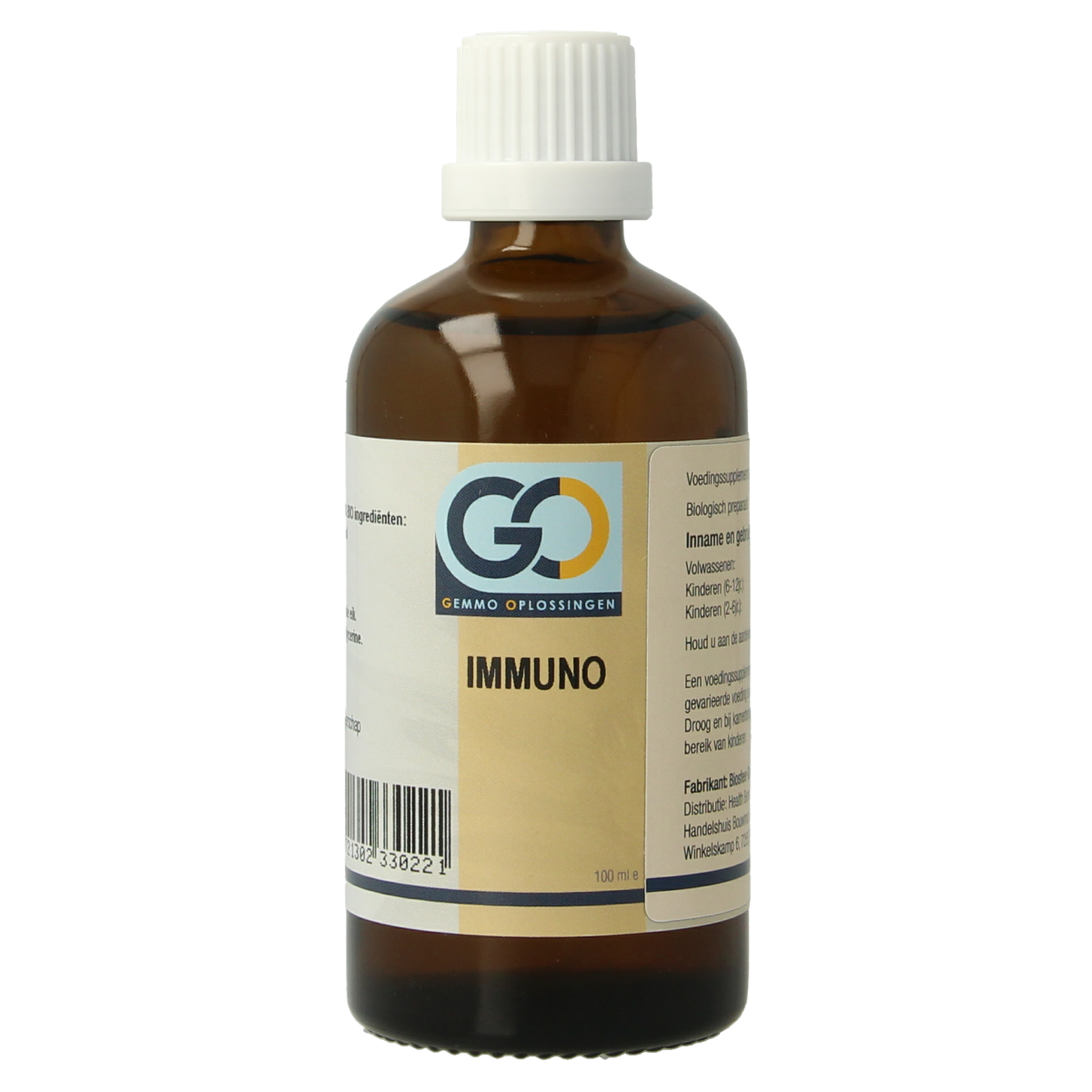 Bottle of GO Immuno bio herbal supplement in 100ml bottle, featuring herbal ingredients from GO Kruidenpreparaten line.