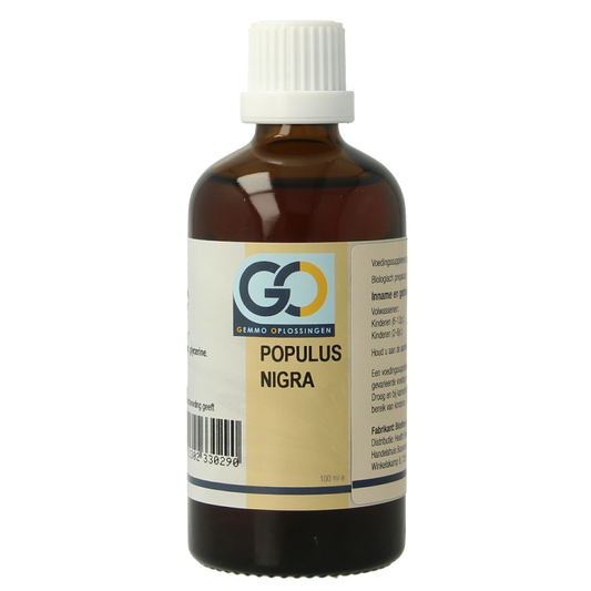 GO Populus nigra bio herbal preparation in a 100ml bottle, featuring a dark liquid with a label displaying product and brand info.