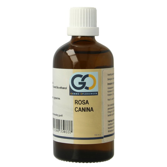 GO Rosa Canina bio herbal supplement in a 100ml bottle, featuring fresh rosehip berries and herbal ingredients in a natural binding.