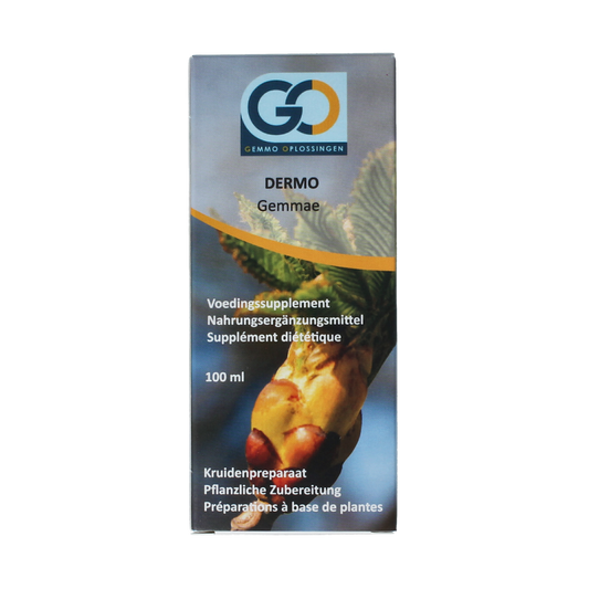 GO Dermo bio herbal preparation in a 100ml container, featuring natural ingredients for skin care.