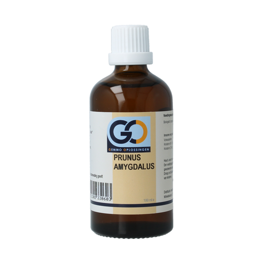Organic GO Prunus amygdalus bio herbal preparation in a 100ml bottle, featuring a label with botanical details and brand logo.