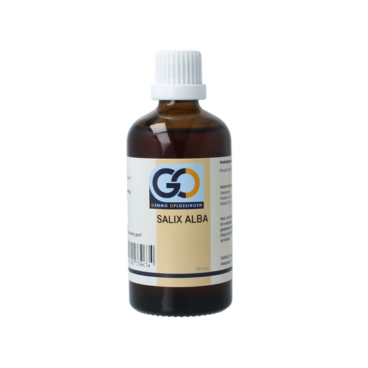 Bottle of GO Salix alba bio herbal supplement in 100ml container, featuring a label with herbal imagery and brand logo.