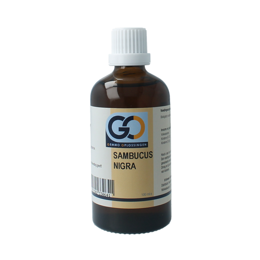 GO Sambucus nigra bio herbal remedy in a 100ml bottle, featuring dark liquid and herbal packaging.