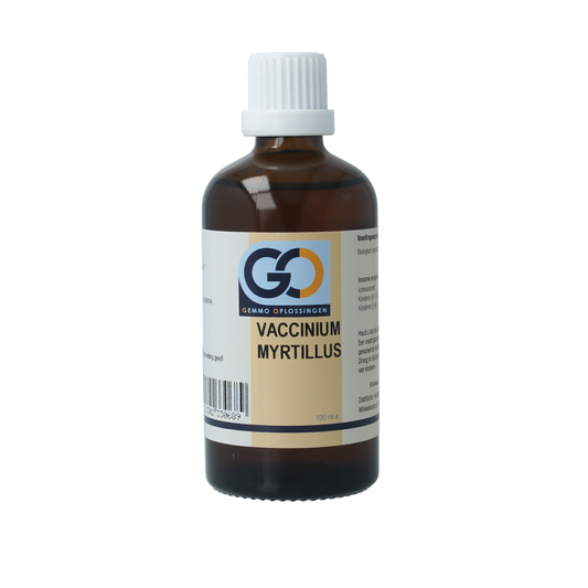 GO Vaccinium myrtillus bio herbal preparation in a 100ml bottle, featuring fresh bilberry extract with natural blue berry imagery.