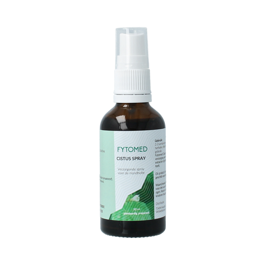Fytomed Cistus spray bottle containing 50ml of herbal preparation, with a white spray cap and label displaying product details.