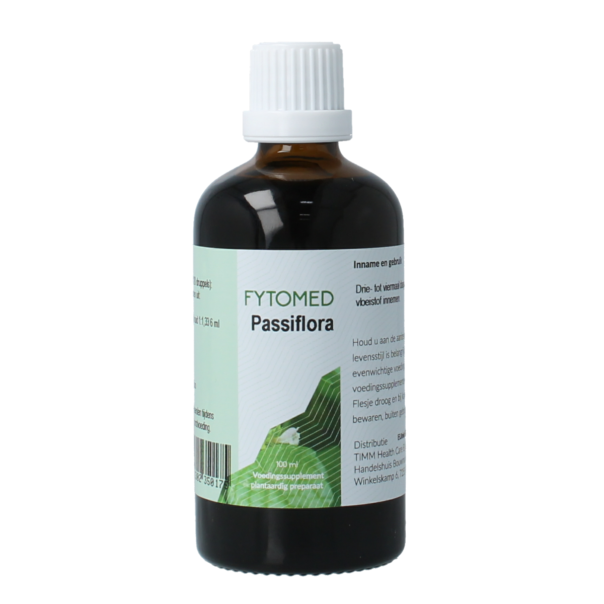 Bottle of Fytomed Passiflora bio herbal supplement, 100ml, in a dark glass bottle with a label, used for herbal preparations.