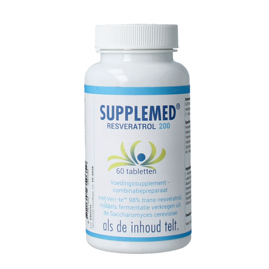 Supplemed Resveratrol 200mg supplement bottle with 60 tablets, herbal supplement for antioxidant support.