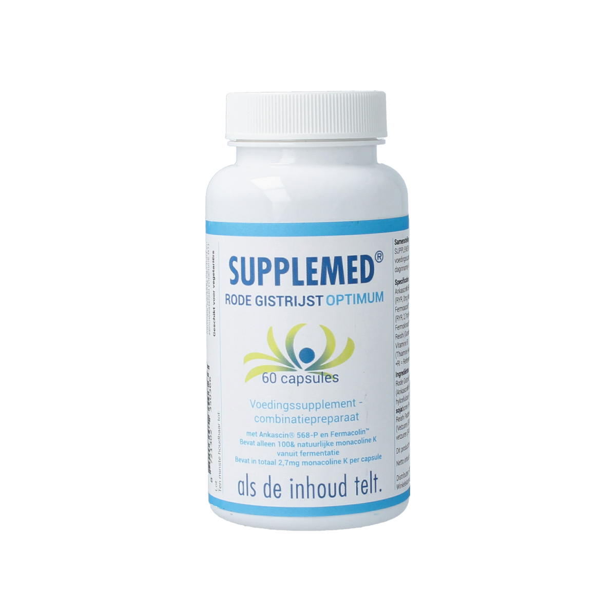 Supplemed Rode Gistrijst Optimum capsules, herbal supplement in a white bottle with label, showing the product packaging.