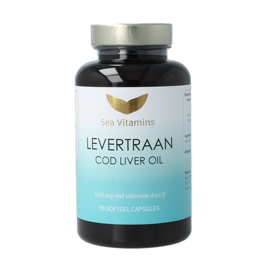 Sea Vitamins Levertraan softgel capsules containing omega-3 fatty acids, shown in a clear container.