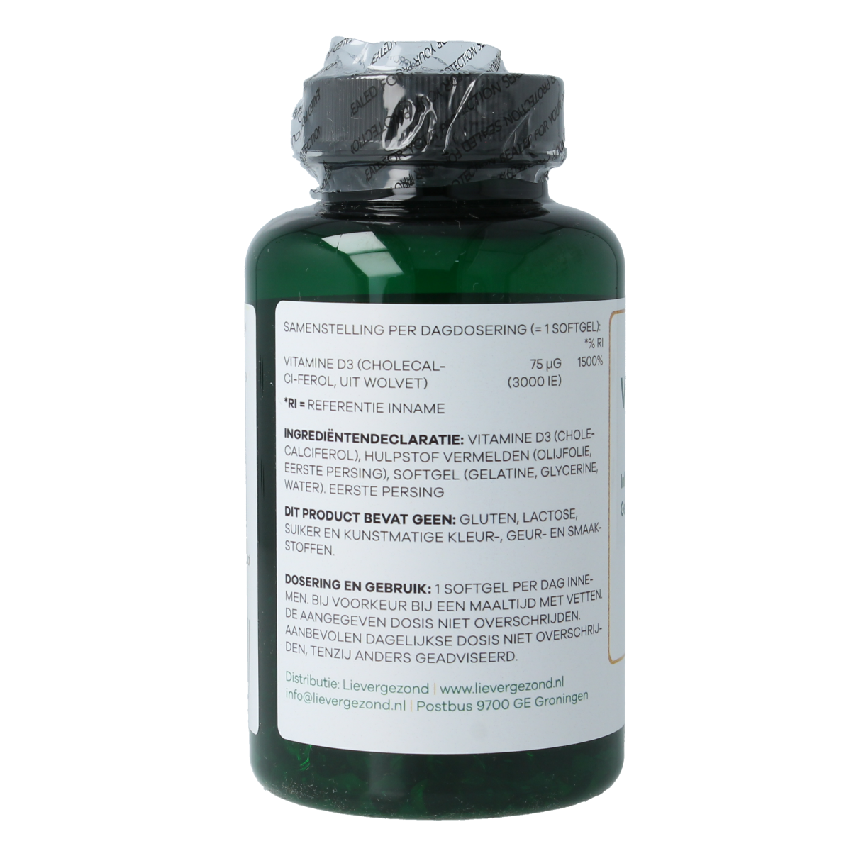 Liever Gezond Vitamine D3 75 mcg jaarrond levenslicht 365.00 Softgels