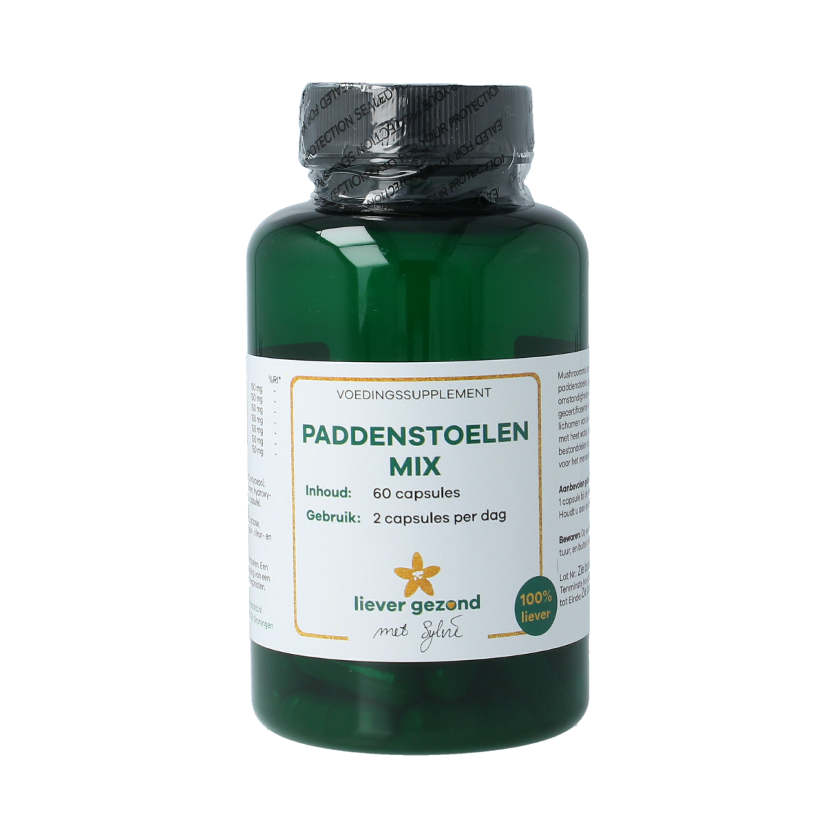 Liever Gezond Paddenstoelenmix vegetarian capsules, 525mg organic dietary supplement, bottle with capsules visible in the image.