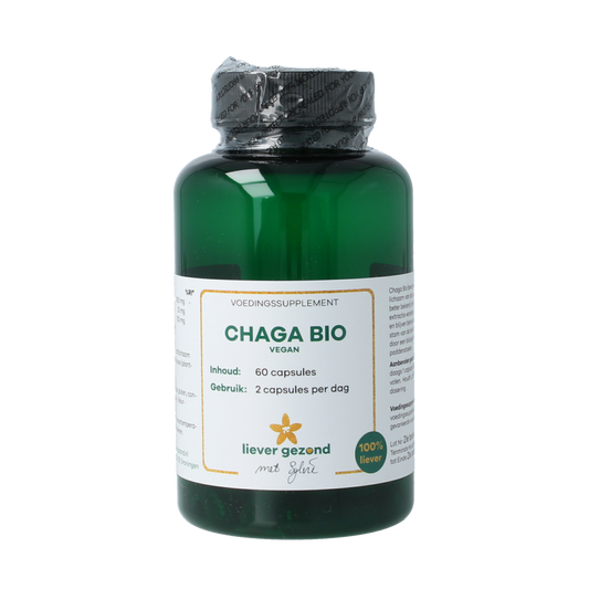 Liever Gezond vegan Chaga supplement in vegetarian capsules, 400mg, organic, 60 capsules displayed in the image.