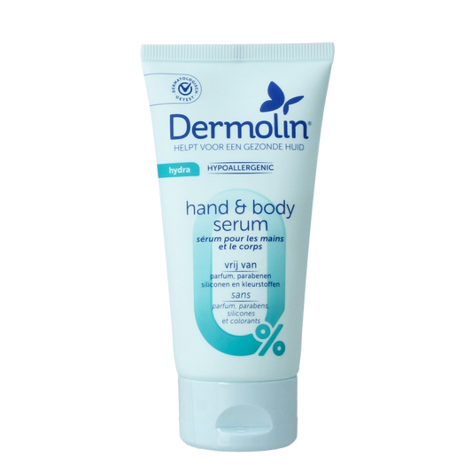 Dermolin Hand & Body Serum 75ml, moisturizing body care product with nourishing formula, shown in a sleek white bottle.