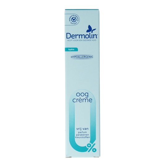Dermolin hydrating eye cream tube, 15ml, facial skincare product with soothing, moisturizing properties.