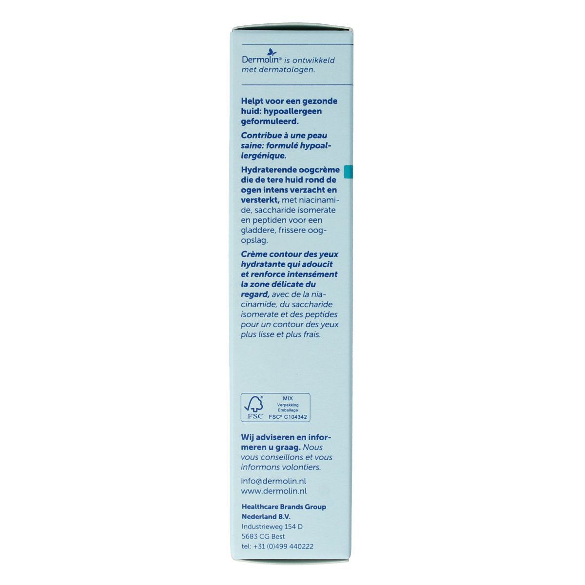 Dermolin hydraterende oogcrème in tube, gezichtsverzorging voor hydratatie en verzorging van de oogcontour, 15 ml.