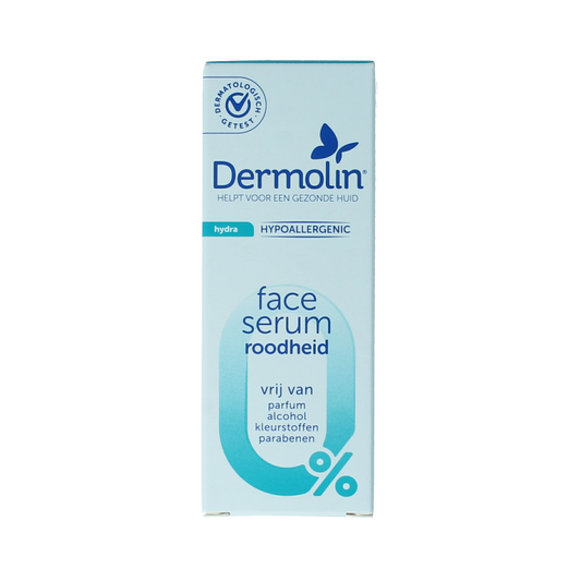 Dermolin Serum roodheid with pipette applicator, 30ml, facial skincare product for reducing redness and soothing skin.