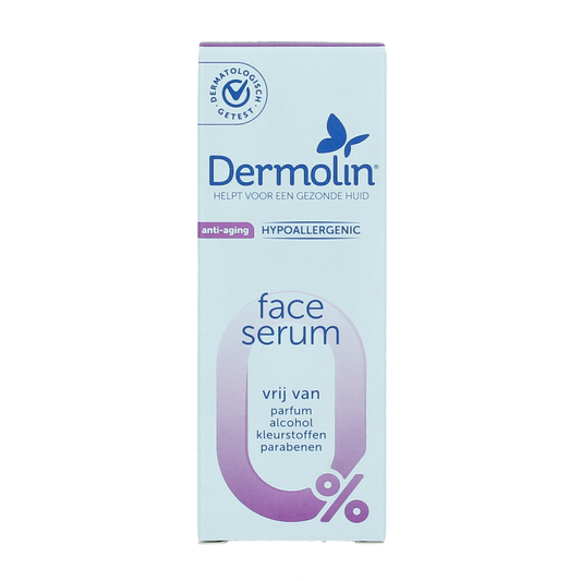 Dermolin anti-aging serum with pipette, 30ml, facial skincare product showing the bottle and applicator.