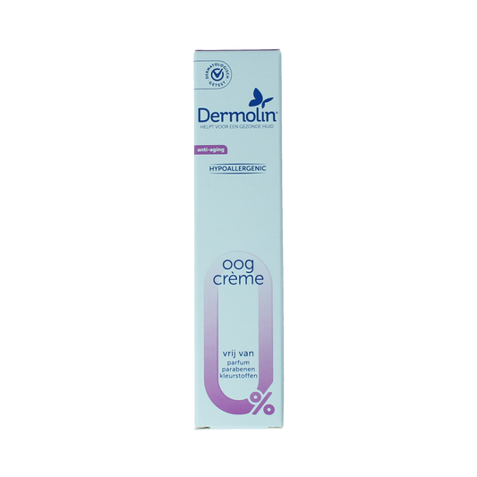 Dermolin anti-aging eye cream in a 15ml tube, designed for eye care and reducing signs of aging around the eyes.
