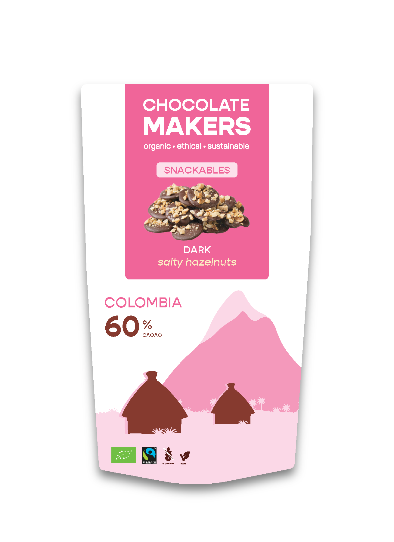 Chocolatemakers Snackable Puur 60% chocolate bar with hazelnuts, organic, 100 grams, showing the chocolate pieces and hazelnuts inside.