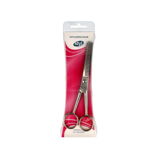 Idyl Effileerschaar steel scissors for precision cutting, featuring a sleek metal design and ergonomic handles.