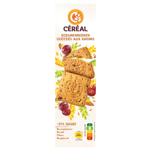 Cereal Rozijnenkoeken minder suiker, 360g, Dutch cereal cookies with raisins and reduced sugar content, displayed on a plate.
