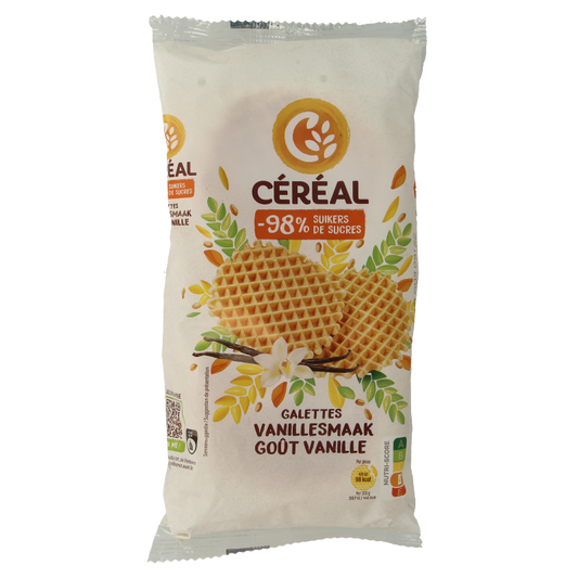 Cereal Galetten suikervrij koeken, 175g, featuring golden, round cereal cookies with a crisp texture and minimal sugar content.