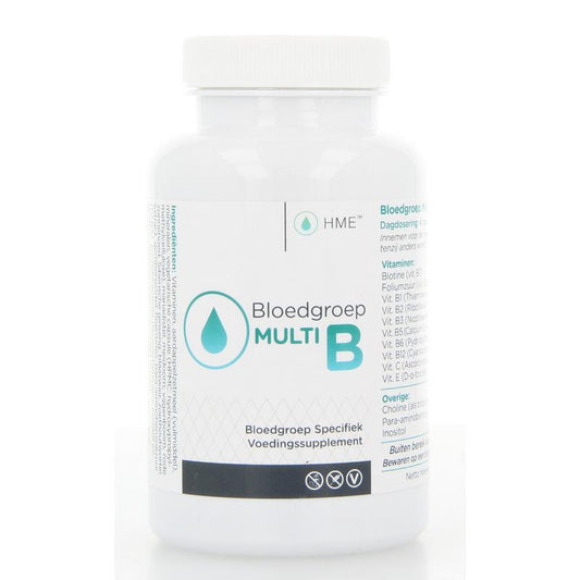 HME Bloedgroep Multi B vitamin capsules in a bottle, dietary supplement by HME with 120 capsules for overall health support