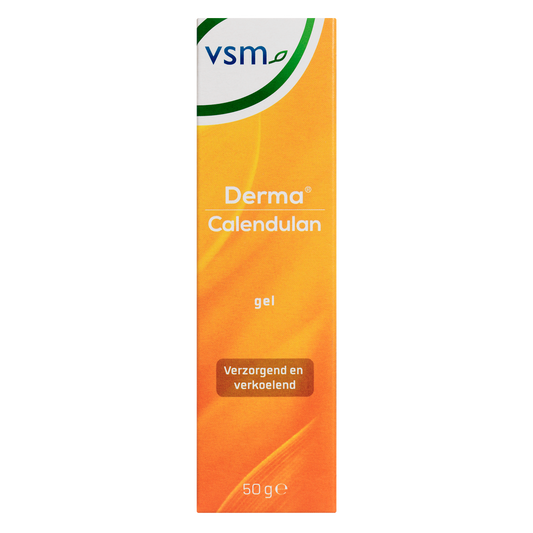 VSM Calendulan derma gel 50g tube, a body care product with a white gel texture, designed for skin soothing and care.