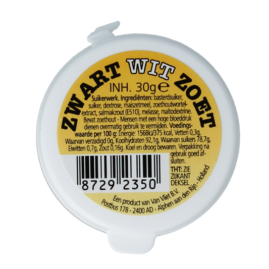 Van Vliet Zwart Witte Zoete Snoepgoed, 30g, showing black and white candies in a clear container.