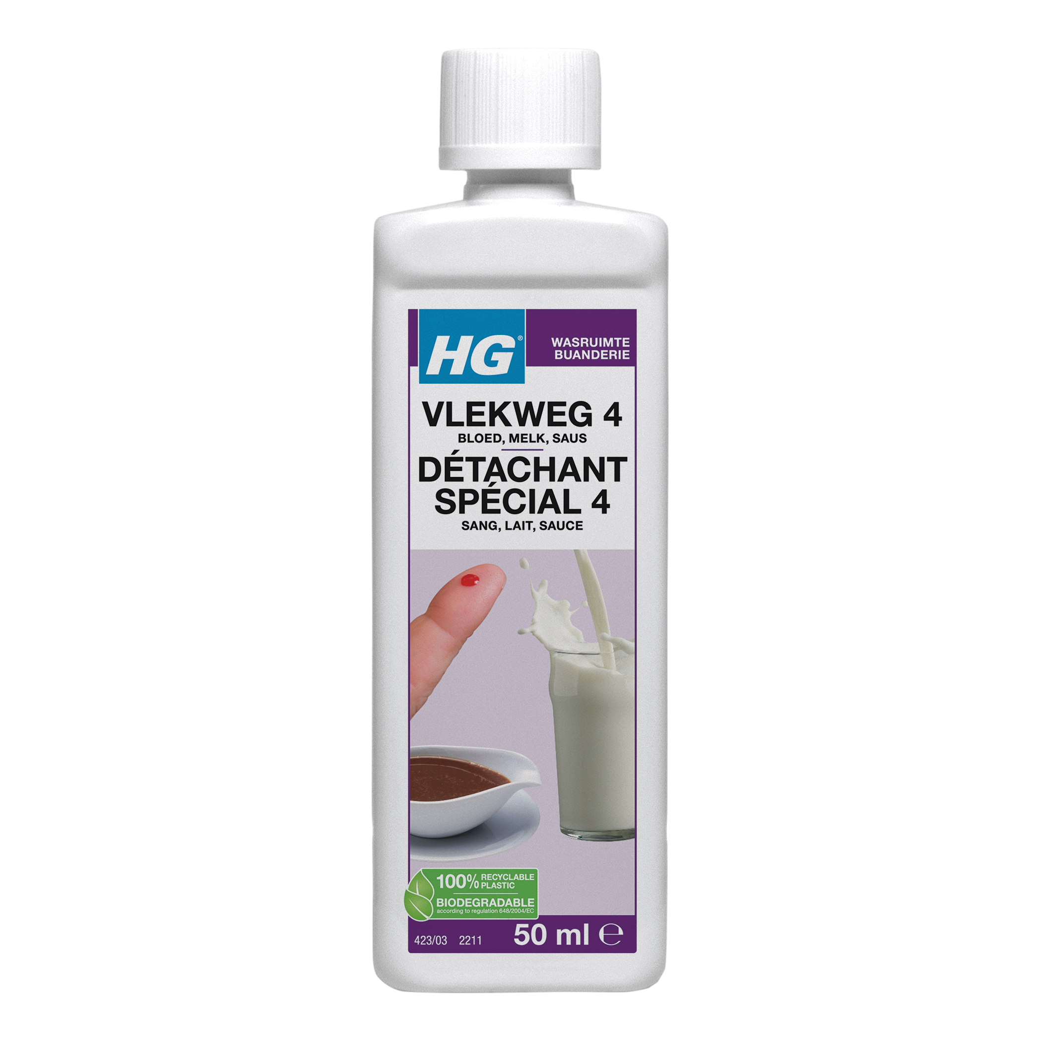 HG Vlekweg nr. 4 blood, protein, and sauce stain remover for cleaning with a 50ml bottle in a cleaning kit.