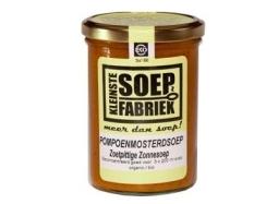 Kleinstesoepfabriek organic pumpkin mustard soup in a 400ml container, ready to serve, with a smooth, creamy texture.