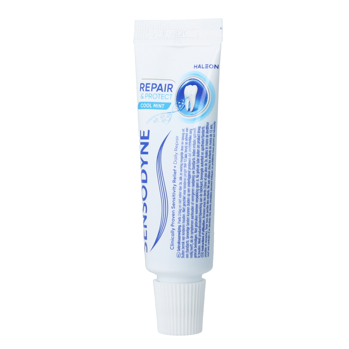Sensodyne Repair & Protect mini toothpaste tube, 15ml, showing the brand label and toothpaste packaging.