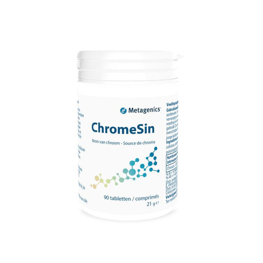Metagenics Chromesin mineral supplement tablets, 90 count, showing the bottle and tablets in a natural setting.