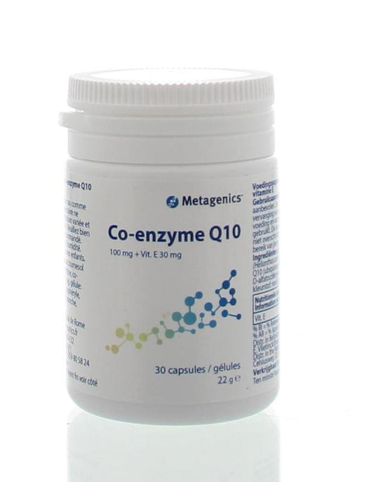 Metagenics Coenzyme Q10 100mg capsules, a dietary supplement for energy support, shown in a bottle with 30 capsules.