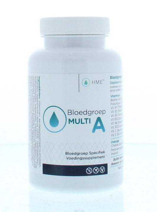 HME Bloedgroep multi A vitamin capsules, 120-count, dietary supplement for blood group A, shown in the image.