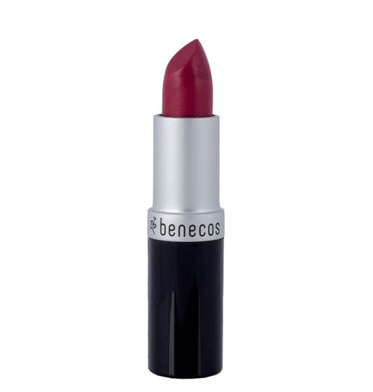 Benecos Natural Beauty lipstick in shade Marry Me, showcasing a vibrant lipstick bullet with natural makeup finish.