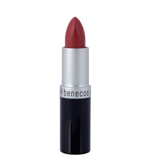 Benecos Natural Beauty soft coral lipstick in make-up, featuring a smooth, vibrant coral shade and sleek packaging.