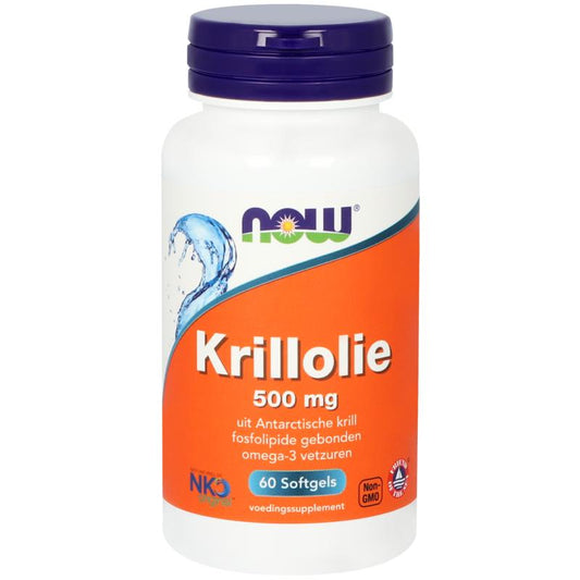 NOW Krillolie 500mg softgels featuring omega fatty acids, displayed in a bottle with softgel capsules.