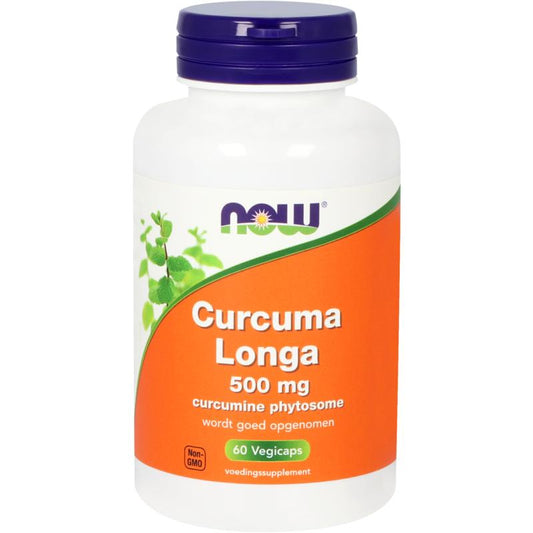 NOW Curcuma longa 500mg vegetarian capsules, featuring curcumin phytosome, shown in a clear bottle with label.