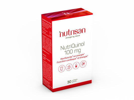 Nutrisan Nutriquinol 100 mg multivitamin softgels in a bottle, showing 30 softgel capsules for overall health support.