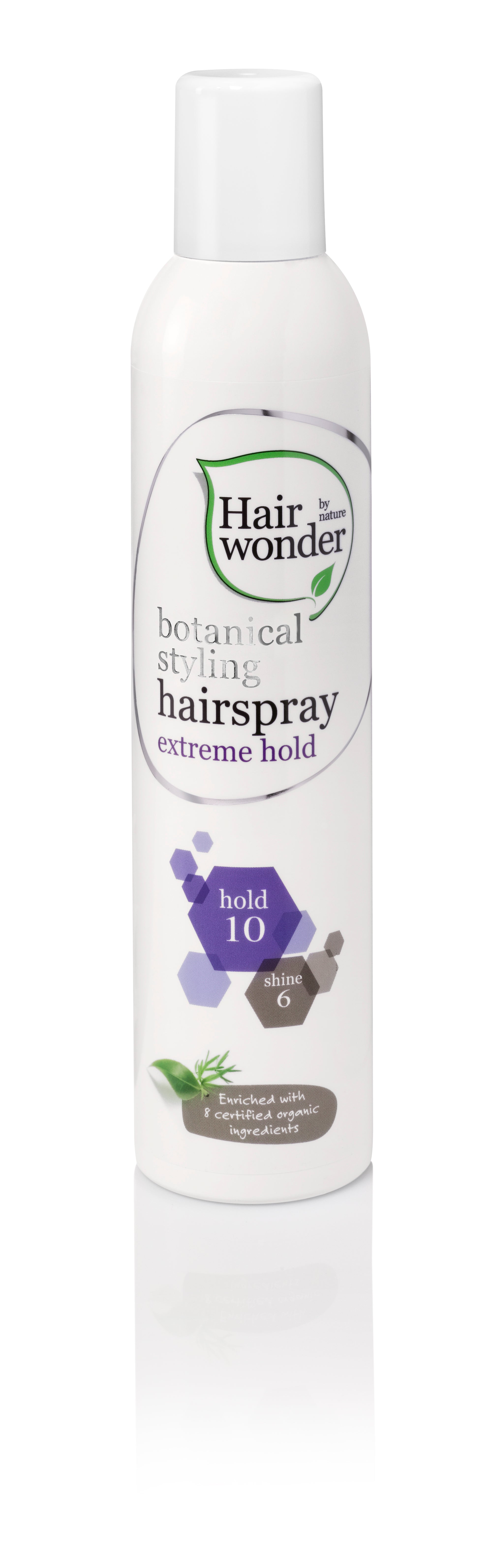 Hairwonder Botanical Styling Hairspray with extra hold, 300ml, featuring a spray nozzle and botanical ingredients for strong, lasting hold.