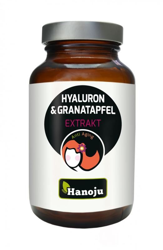 Hanoju Hyaluronzuur en granaatappel extract vegetarische capsules, kruidenpreparaten, in een open doos met capsules zichtbaar