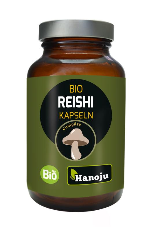 Hanoju Reishi extract bio vegetarian capsules, herbal supplement in a clear plastic bottle with capsules inside.