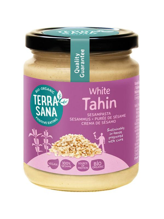 Glass jar of TerraSana Tahin sesampasta, organic sesame seed spread, ideal as a broodbeleg or healthy snack.