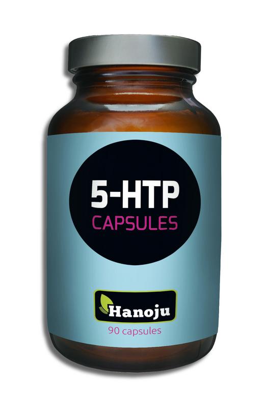 Hanoju 5-HTP herbal supplement capsules in a bottle, dietary supplement for mood support and natural wellness.